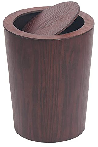 Modern Round Trash Can with Lid,Real Wood Waste Basket in Dark Brown,9.25x7.5x11.8 Swing Top Small Trash Can,Decorative Small Garbage Can for Bedroom, Living Room, Office & Bathroom,8L/2.1Gal