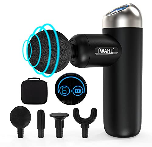 WAHL Massage Gun, Deep Tissue Percussion, Mini Massager, Powerful, 6 Speed with LCD Touch Screen, Cordless Handheld Massagers, Lightweight Portable Muscle Massage, 4 Attachment Heads