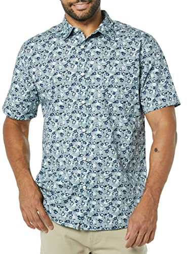 Amazon Essentials Men's Short-Sleeve Slim-Fit Stretch Poplin Shirt Shirt, Blue, Sketch Floral Print, Large