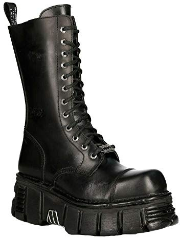 Botas Unisex New Rock M-MILI211C-C1 de 100% Cuero Genuino Negro Metalizado Techno Militar con Cordones de Motociclista 8