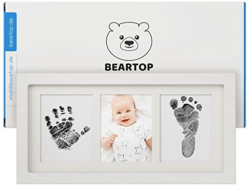 BEARTOP Premium Hand- & Fußabdruck Baby Set | wiederverwendbares Stempelkissen mit Farbe für viele schöne Erinnerungen | inkl. modernem Bilderrahmen aus Holz | Zufriedenheitsgarantie (3 Jahre)*