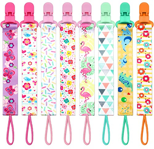 ZOCONE 8 Piezas Cadenas para Chupetes Bebe, Chupete Cuerda Tela Suave Cadena para Chupete con Clip Reutilizable Cadena Chupete Bebe para Niño y Niña Chupetero de Cinta para Evita Chupete Pierda (A)