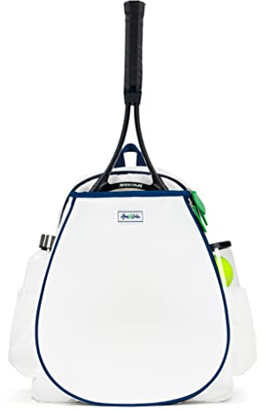 Ame & Lulu Game On Tennis Backpack - Contains Padded & Adjustable Straps - Two Exterior Water Bottle Pockets - White/Navy/Green