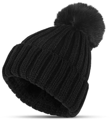 KEECOW Mütze Damen Winter,Beanie Strickmütze mit Bommel Thermal Warm Fleece Mütze für SkiSport Outdoor(Schwarz)
