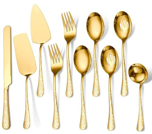 Jxkgenix 10 Pieces Cutlery Serving Set,Stainless Steel Flatware Serving Spoons Kitchen Cooking Tools Cake Butter Knife Spoon Fork Pack for Home Buffet Party Mirror Finished (Golden)