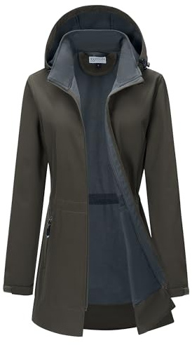 33,000ft Women’s Lightweight Softshell Jacket with Hood Waterproof Ladies Functional Jacket Fleece Lined Windbreaker Breathable Raincoat Long Coats for Cycling Hiking Outdoor Dark Khaki L