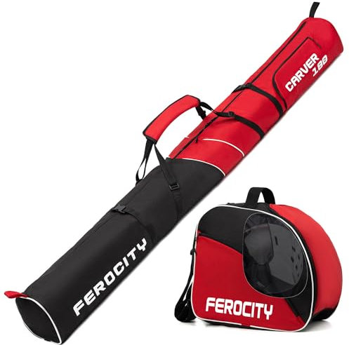 Ferocity Premium Set Skitasche und Skischuhtasche für 1 Paar Ski-Stöcke-Schuhe-Helm | 180 cm | mit Kordelzug Tasche und Seitentasche Farbe Rot Schwarz [053]