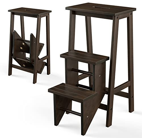 COSTWAY Taburete Plegable de 3 peldaños, Escalera Multifuncional de Madera de Caucho con Escalones Reversibles, Asa de Transporte, para Escalar, Silla Escalera de Capacidad de 310kg (Marrón)