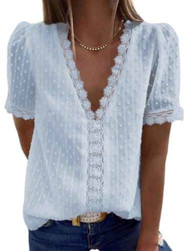 SHEKINI Femme Tee Shirt Dentelle Chemisier Femme Chic et Élégant Col en V Manches Courtes Loisirs D'été Tunique Longue Blouse Femme Été Coupe Amples Mousseline Haut Tops