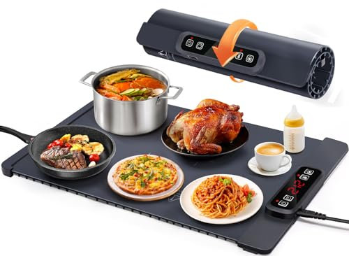 AUTOPkio Chauffe Plat Électrique, Plaque Chauffante Pliable avec 5 Température & 4 Timing Auto-Off Verrouillage Enfants Chauffe Assiette pour Buffets Fête Décongélation