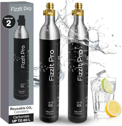 FizzIt Pro 425g CO2 Cylinders, Carbonates Up to 120L, Refillable Soda Makers, Fits Most Screw-Type Compatible Models, Efficient Carbonation for Water & Beverages, Compact & Cost-Effective (Pack of 2)