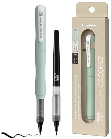 Kuretake ZIG bokstavspenna COCOIRO (HAZE BLUE) kropp med svart bläckpåfyllningsset, flexibel extra fin penselspets, påfyllningsbar märkpenna för kalligrafi, textning, tillverkad i Japan