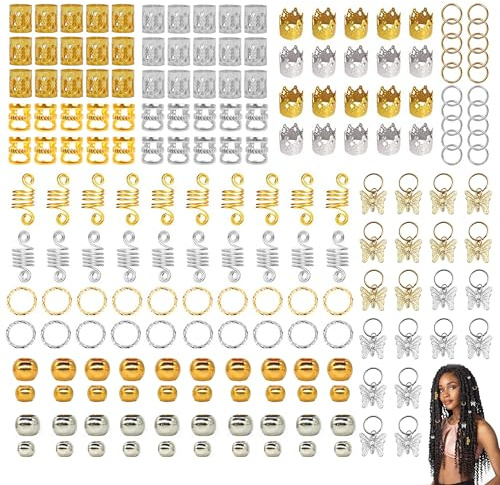 PYSEOSISE Joyas para Dreadlocks, 190 Piezas Accesorios Dorados para Trenzas, Anillos para el Pelo para Braids Dreadlocks Pigtails Hombre Mujer