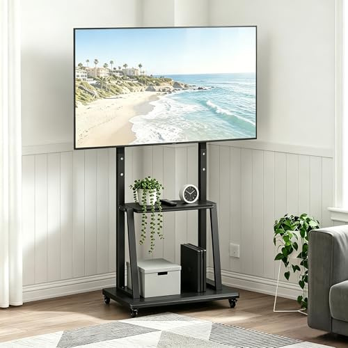 Mobile TV Stand on Wheels, Portable Rolling Floor TV Mount, Height Adjustable Television Cart for 40–70in TVs with Storage Shelves, Holds up to 60 kg, Home Office TVs Stand, Max VESA 600x400mm