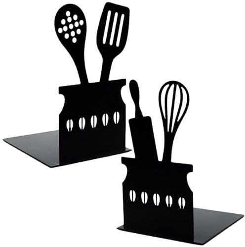 KAGEYMB Lot De 2 Serre-Livres Originalux Formes Mixer Et Spatule en Métal Noir 15x10 Cm Rangement Livres pour Cuisine, Bureau, Salon pour CD, DVD Magazines Et Manuels De Cuisine