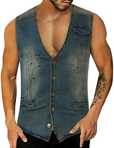 Gilet en jean pour homme - Sans manches - Veste d'été courte en denim - Léger - Coupe ajustée - Gilet d'été avec poches - Gilet d'été sans col - Gilet mi-saison