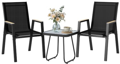 Outsunny Set da Bistrò da 3 Pezzi, Tavolo e Sedie da Giardino Nero | 2 Sedie in Texteline, Tavolo Effetto Marmo, Braccioli Decorativi, Metallo, Terrazzo Patio Balcone