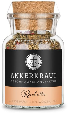 Ankerkraut Raclette, Gewürzmischung verschiedenem Pfeffer, Meersalz, Rosa Beeren, Rohrzucker, Zwiebel, Knoblauch, Muskatnuss und Chilischrot, 95 g im Korkenglas