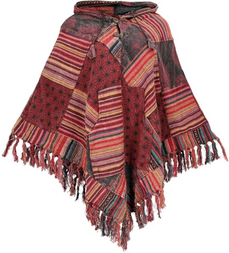 Guru-Shop, Poncho Andino con Cappuccio e Frange, Ethno Poncho, Nero, Cotone, Dimensione Indumenti:One Size, Giacche, Cardigan e Poncho
