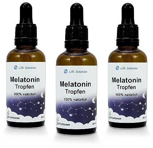 Life Solution - Melatonin Tropfen - 3x 50 ml - 100% Natürlich - Schlaftropfen - Entspannungstropfen - mit milden Vanillegeschmack