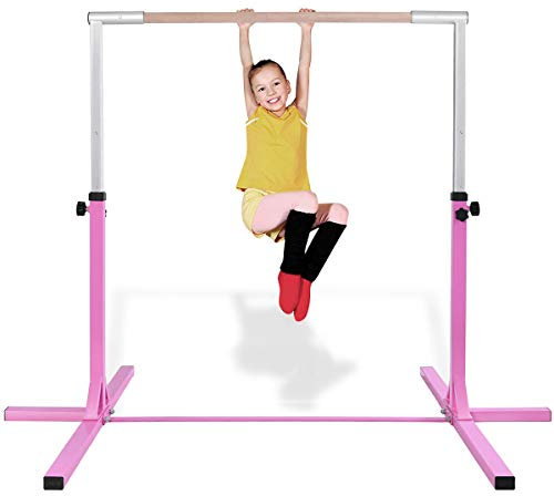RELAX4LIFE Gymnastik Turnreck, Kinder Reck 12-stufig höhenverstellbar: 91 cm-150 cm, Turnstange mit stabilem Ständer & Doppelschlosssystem, Reckstange bis 100kg belastbar, aus Holz & Stahlgestell