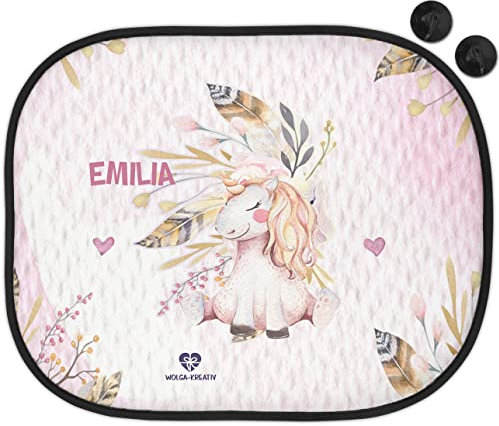 wolga-kreativ Sonnenschutz Auto Fenster Sonnenblende Verdunklung Baby Kinder personalisiert für Seitenscheiben Mädchen Boho Einhorn mit Name Wunschname Bedruckt