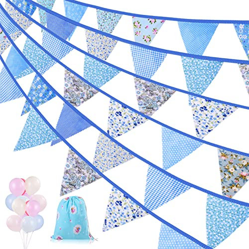 Vicloon Wimpel Girlande, 12M Bunting Wimpelkette Blau mit 42 Stück Retro Wimpeln, 17 Bunte Luftballons, Stoff Stoffgirlande für Hochzeits Geburtstag Party Gartendekoration