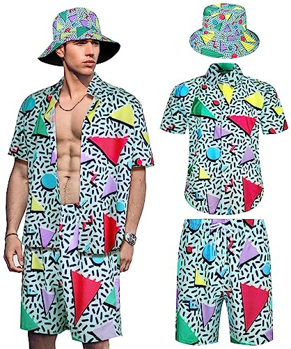 Geosar, Conjunto de camisas hippie y pantalones cortos de los años 80 y 90 para hombre, con sombrero, discoteca de neón, disfraz de fiesta de Halloween, 2 unidades, Vintage Color, Large