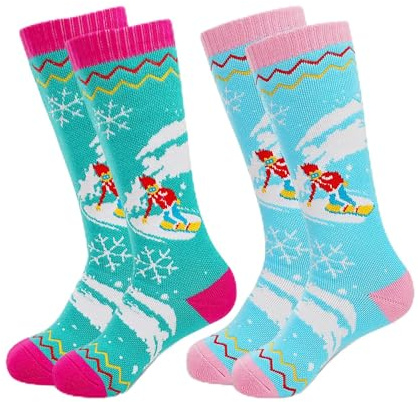 HYCLES Long Keen - Calzini invernali termici per bambini, 2 paia di calzini da sci colorati e caldi per bambini, morbidi, traspiranti, invernali, per sci, pattinaggio, snowboard, #2 Celeste+Blu Lago,