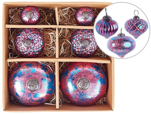 Christbaumschmuck 6er Set Glas rosa/blau handgemachte Weihnachtskugeln Astrale
