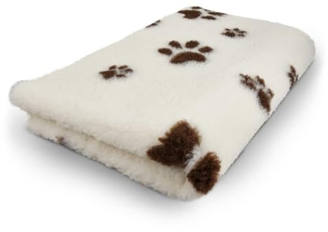 Vetbed Creme mit braunen Fußabdruckpfoten – rutschfeste Hundematte, Welpenteppich – Hundeteppich, Bankteppich, Bankmatte, Tiermatte – für Wurfkiste und Hundebox – maschinenwaschbar – Zwei Stücke von