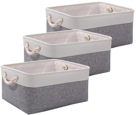 June tech Small Fabric Storage Basket Set of 3, Waterproof Foldable Storage Baskets, Canvas Storage Boxes for Wardrobe, Bedroom, Office Products (Grey & White, 12.2x8.2x5.1inch)