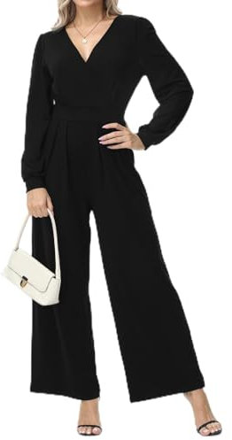 Tanmolo Damen Lang Jumpsuit Langarm V-Ausschnitt Overall Elegant Hosenanzug Weites Bein Romper Mit Taschen (Schwarz, 3XL)