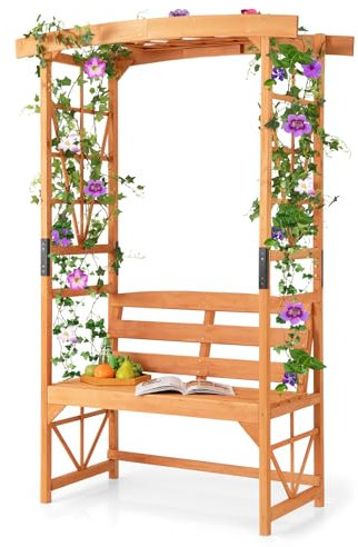 GiantexUK Garden Arch with Bench, 2-Seater Rose Trellis Pergola Pavilion Arbour, Wooden Climbing Plants Support Archway for Patio Lawn Wedding Ceremony Party (120x58x189cm, Diamond Trellis, Orange)