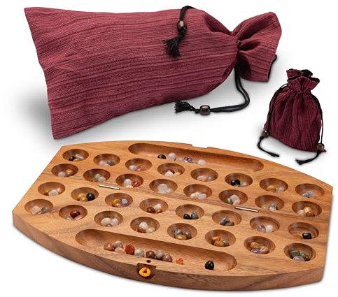 LOGOPLAY Bao Spiel Gr. L für 2 Spieler mit Stoffbeutel - 35cm - oval - Hus - Kalaha - mit 75 Edelsteinen