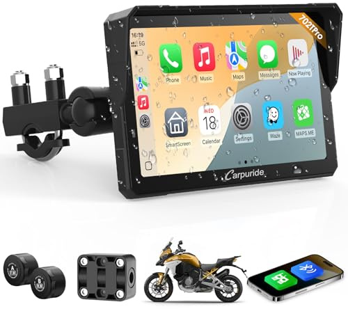 Carpuride W702T Pro Moto Carplay Écran avec TPMS Système, sans Fil Carplay et Android Auto, Portable 7 Étanche Tactile Écran, Double Bluetooth, Interphone Fonction, Navigation, Boussole, Baromètre.