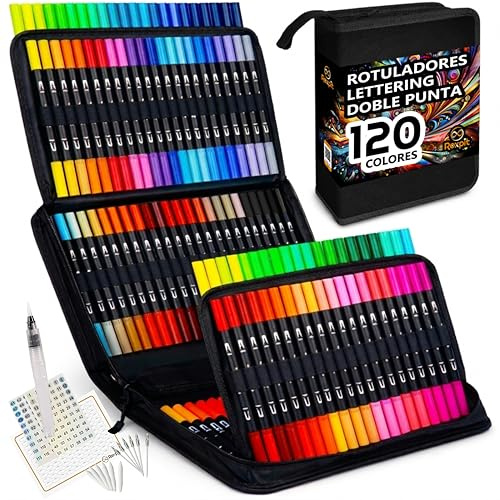 Roxpit Rotuladores Lettering Doble Punta – 120 Colores Acuarelables con Punta Pincel y Fina, Incluye Blender, Recambios y Estuche | Guías y Mandalas Descargables | Para Dibujar, Colorear y Lettering
