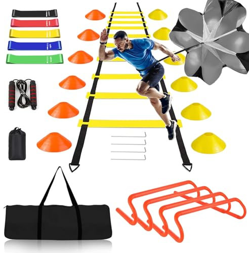 BJNCDIO Fussball Trainingszubehör, Koordinationsleiter 6m mit 12 Hütchen, Abnehmbar Hürden, Springseil, Widerstandsbänder, Widerstandsschirm,Fussball Trainingsset,Fussball Geschenke Jungen (Gelb)