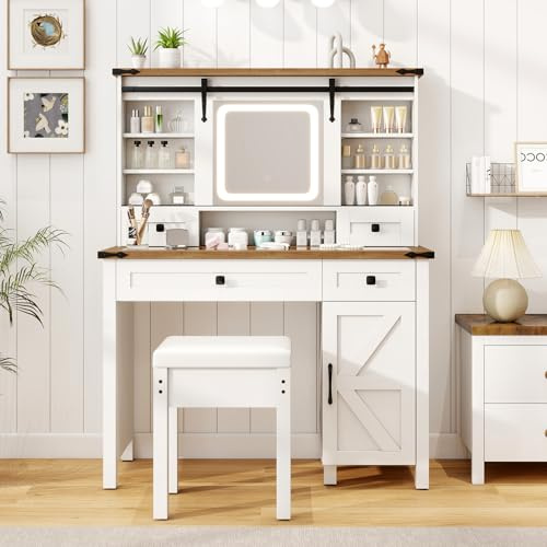 COSTWAY Schminktisch mit LED-Beleuchtung, 3 Farben mit Einstellbarer Helligkeit, Frisiertisch mit Hocker, Schiebespiegel, Seitenschrank, Schubladen & verstellbare Regalen, Kosmetiktisch, weiß