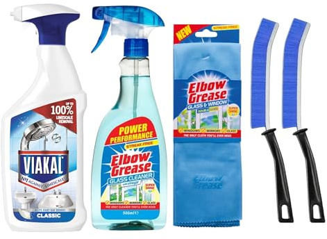 Limescale Remover Spray 500ml, Glass Cleaner Spray 500ml, Streak-Free Microfibre Cloth, 2x Blue Crevice Brushes – Bathroom & Glass Cleaning Bundle for Hard Water Stains, Shower Screens & Windows
