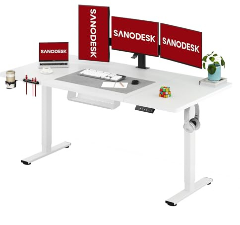 SANODESK Höhenverstellbarer Schreibtisch 180×80 cm – Extra großer Standing Desk mit robuster 70 kg Tragkraft, Anti-Kollisions-Schutz & umfassendem Zubehörset(Weiß)