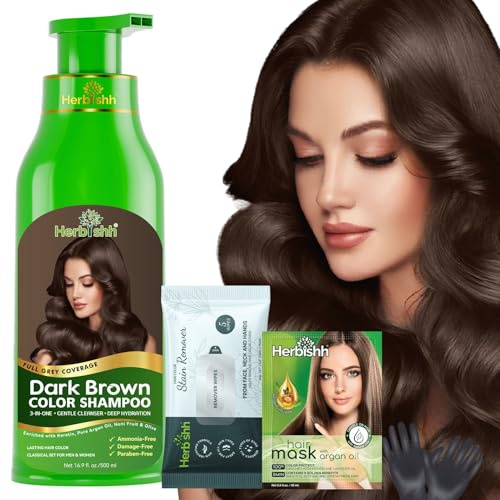 Herbishh Hair Color Shampoo for Gray Hair, Dark Brown, 500ml with Color Stain Remover Wipes, Ammonia Free