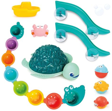 LUDI – Coffret de Bain XXL – 16 Jeux d’Eau interactifs – Toboggans, Tortue Lumineuse et Cups Pluie – Développe motricité et Coordination – Dès 10 Mois