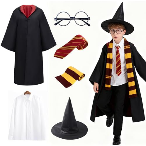 Afenau Deguisement Sorcier Enfant, 7 Pièces Deguisement Magicien Enfant, Costume Magicien ENFANT, Costume de Magicien pour Cosplay, Carnaval, Robe Fantaisie
