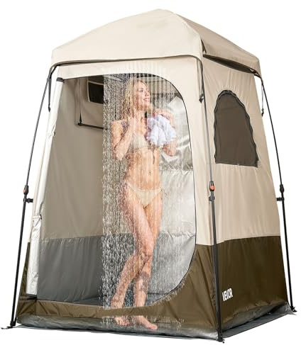 VEVOR Camping Shower Tent, 1 Room, Foldable Privacy Tent Changing Room with Ground Stakes, Ropes, Carry Bag, and Crossbar, 210D Oxford Fabric with Silver Coating, for Camping, Beach, and Fishing