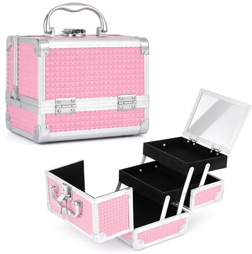 EVERGOODS Makeup Box with Mirror, Lockable Vanity Case Cosmetic Organiser with 2 Trays, Portable Travel Make Up Case Beauty Box for Cosmetics, Jewellery & Accessories (Pink)