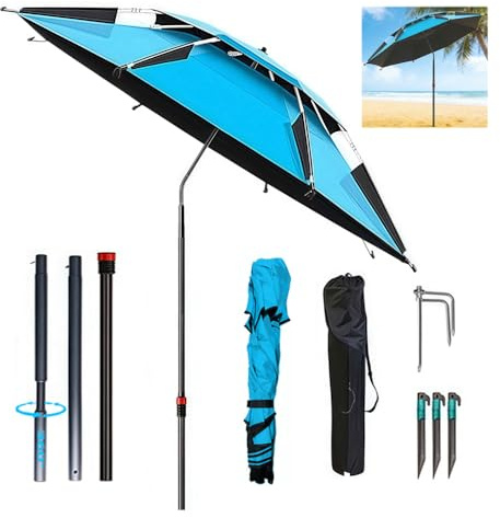 RIRIDAMAI Sonnenschirm Strand mit Bodenhülse & Tragetasche, Abnehmbar Strandschirm Ø160cm, Reise Sonnenschirm Windfest Stabil Wasserdicht Sonnenschutz für Balkon, Garten, Terrasse, Strand
