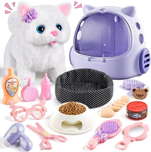 VEEVIFUN Jouet Chat Interactif pour Fille,Chat Robot avec Marche,Chat en Peluche Interactive aux Jouets Filles 4 5 6 Ans,Idéas de Cadeau d'anniversaire pour Les Filles âGéEs de 3 4 5 6 7 Ans