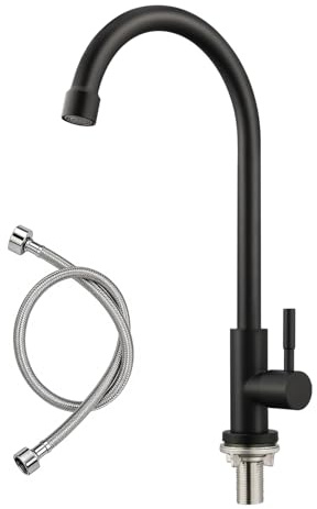 BONADE Rubinetto da cucina nero, rotazione a 360°, con una sola mano, ad alta pressione, rubinetto da cucina, nero con dadi in acciaio inox 304, rubinetto da cucina per lavello acqua fredda per
