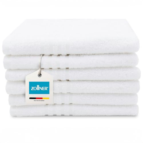 ZOLLNER 6er Set Gästehandtücher in 40x60 cm - saugstarke Gästetücher in weiß - mit praktischem Aufhänger - mit eleganten Tiefgangstreifen - waschbar bis 95°C - Baumwolle - Hotelqualität